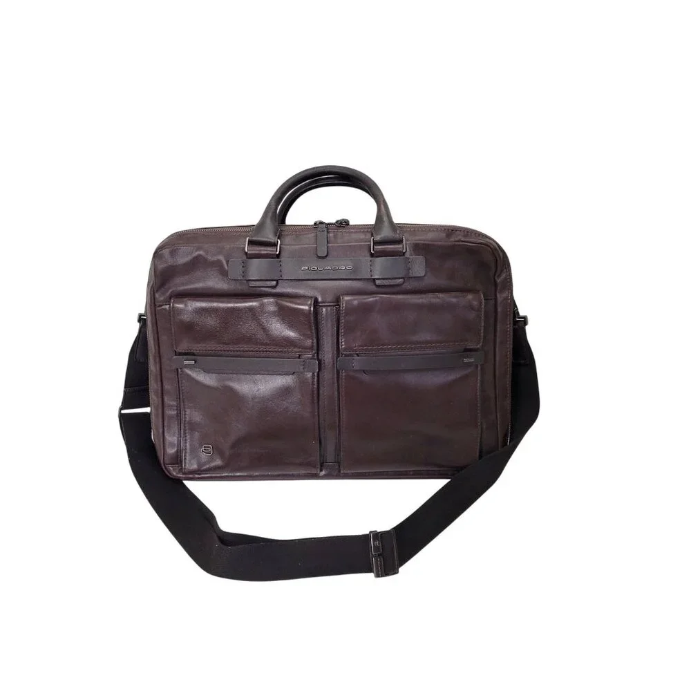 Piquadro Dark Brown Leather Business Bag With Adjustable Strap Multiple Pockets - Picture 8 of 8